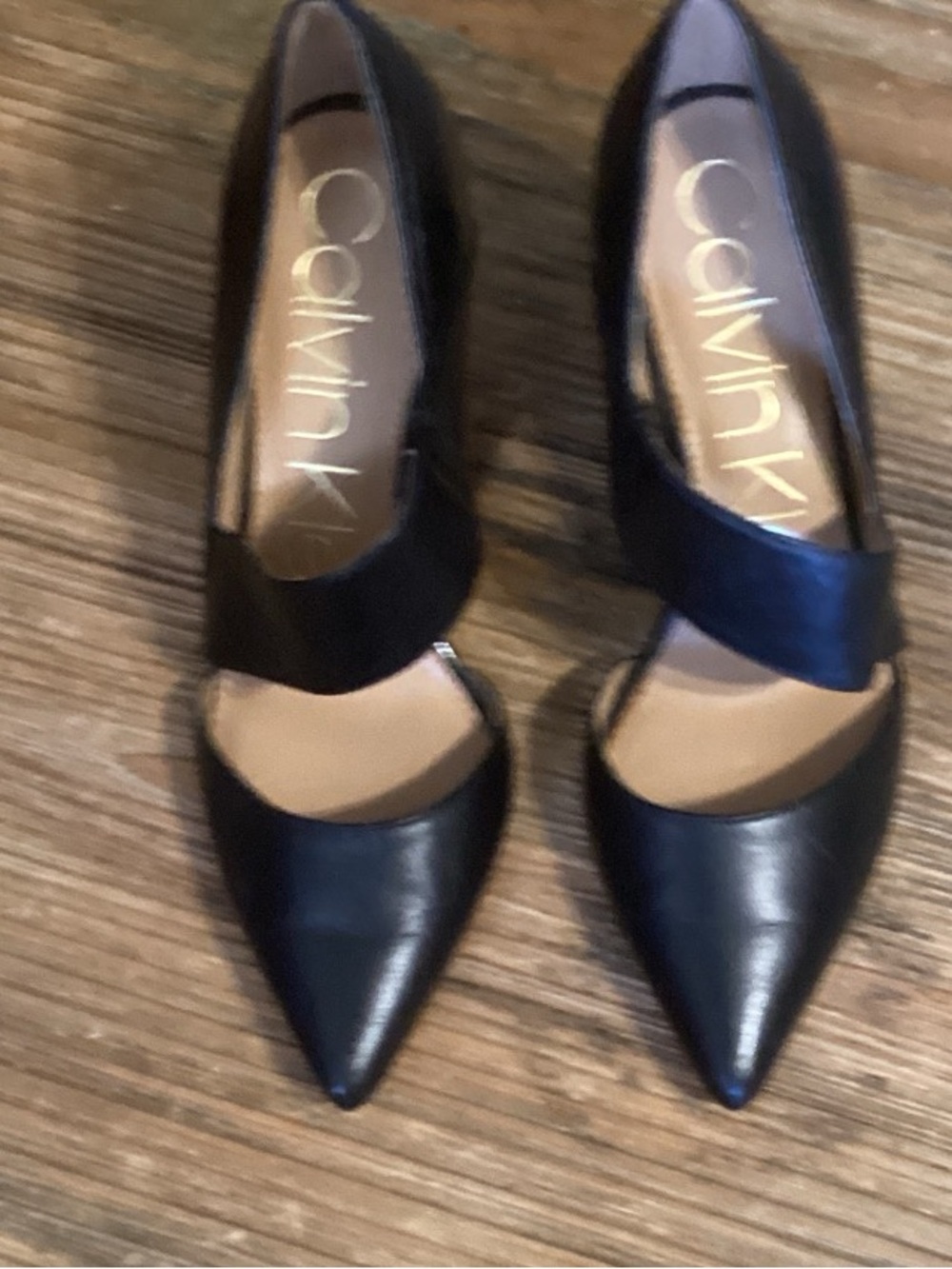 Calvin Klein Black Leather Pointed-Toe Mary Jane Pumps